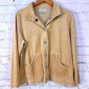 Coldwater Creek suede jacket blazer tan brown size large stretchy pockets basic
